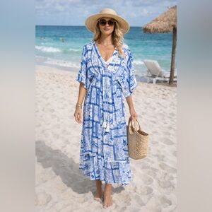 Blue and White Women's Swim Coverup Large